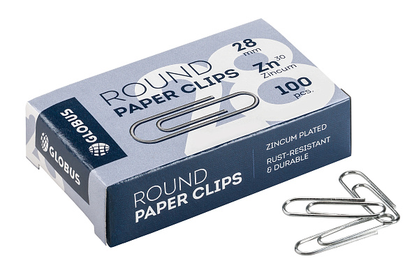 Скрепки 28 мм 100 шт гладкие  карт. упаковка Глобус
