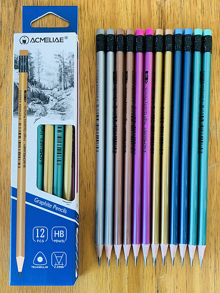 Карандаш ч/г HB ACMELIAE с ластиком трехгранный, корпус металлик, 6 цветов корпуса