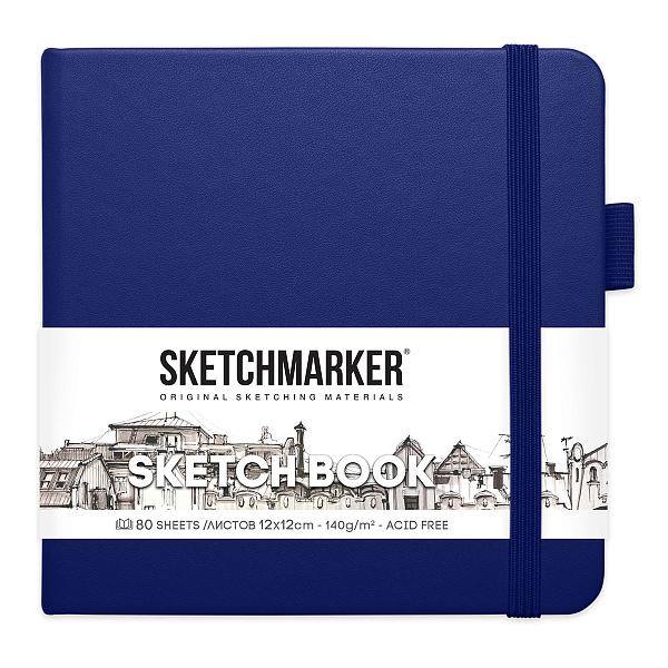 Скетчбук для зарисовок Sketchmarker, королевский синий, тв. обложка с резинкой, 140 г/м, 12x12 см, 80 л. бумага слоновая кость