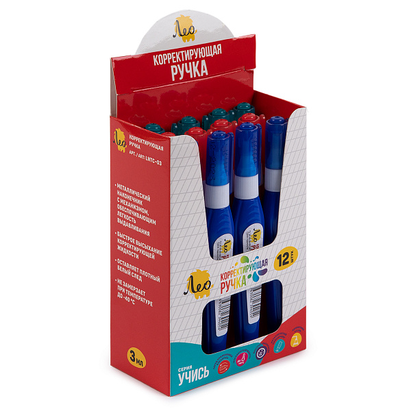 Корректирующая ручка 3 мл "Лео" "Учись" металлический наконечник шоу-бокс .