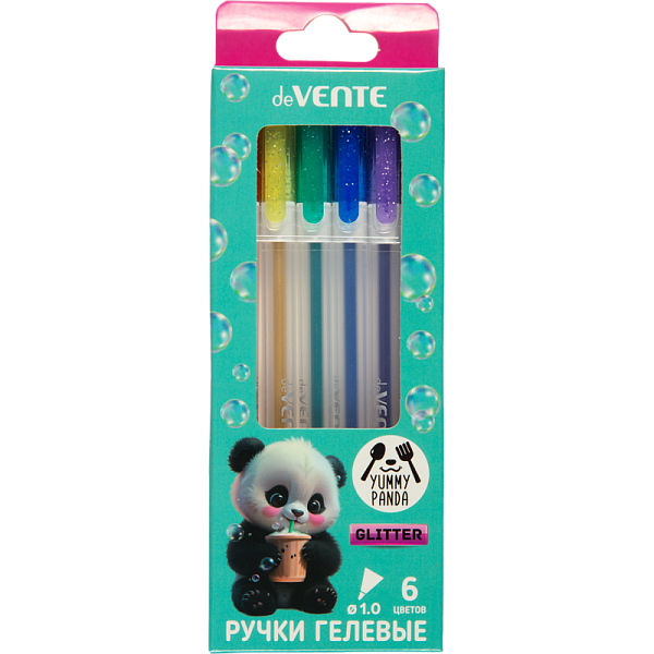 Набор ручек гелевых  6 шт. "deVENTE. Yummy Panda" 6 цветов с блестками, d=1 мм, прозрачно-матовый корпус, сменный стержень, в картонной коробке