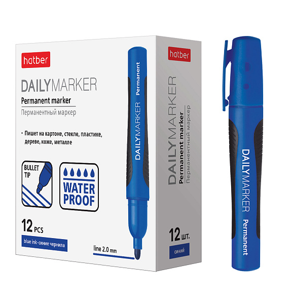 Маркер перманентный Hatber Daily закругленный пишущий узел толщина линии 2 мм Синий 12шт. в картонной коробке