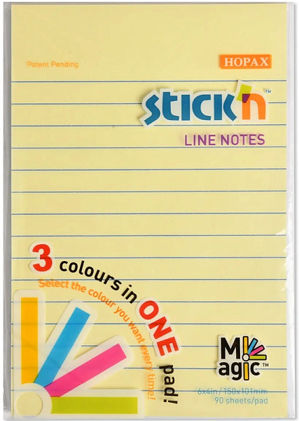 Блок самоклеящийся бумажный Hopax Magic  101x150мм 90лист. 70г/м2 пастель 3цв.в упак. в линейку