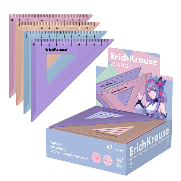 Угольник 45°/9см ErichKrause Manga, ассорти, пластиковый  (в коробке-дисплее по 42 шт)