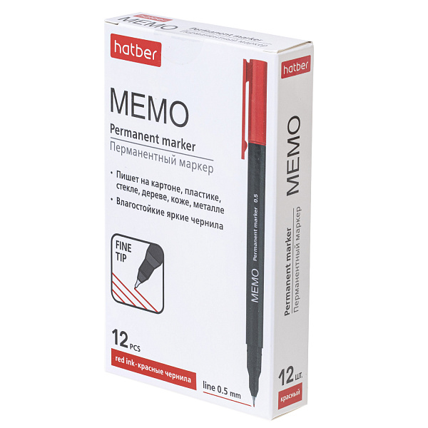 Маркер перм. 0,5 мм Hatber Memo  Красный в картонной коробке