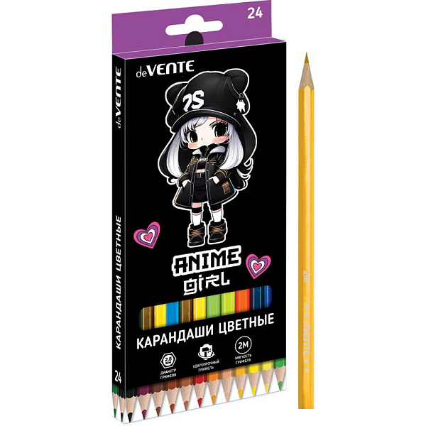 Карандаши 24 цв. "deVENTE. Anime Girl", 2М, диаметр грифеля 2,8 мм, шестигранные, в картон. коробке