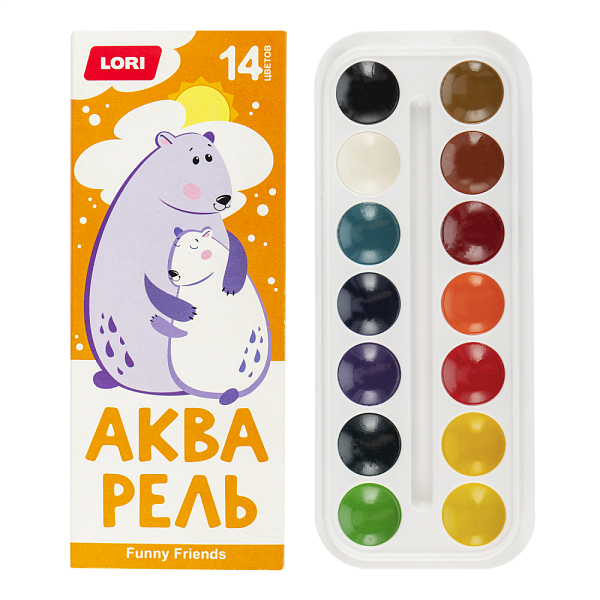 Акварель 14 цв. б/к LORI "FUNNY FRIENDS" мягкий пластик, карт/уп