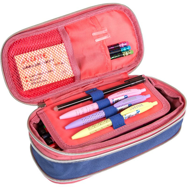 Пенал "deVENTE. Forever Young" 21x8x3(7) см, овальный с возможностью расширения для 90 пр. черный, с внешним открытым карманом, с внутренним органайзером-створкой, 2-мя внутренними открытыми карманами, высококачественный полиэстер, тракторная серебри