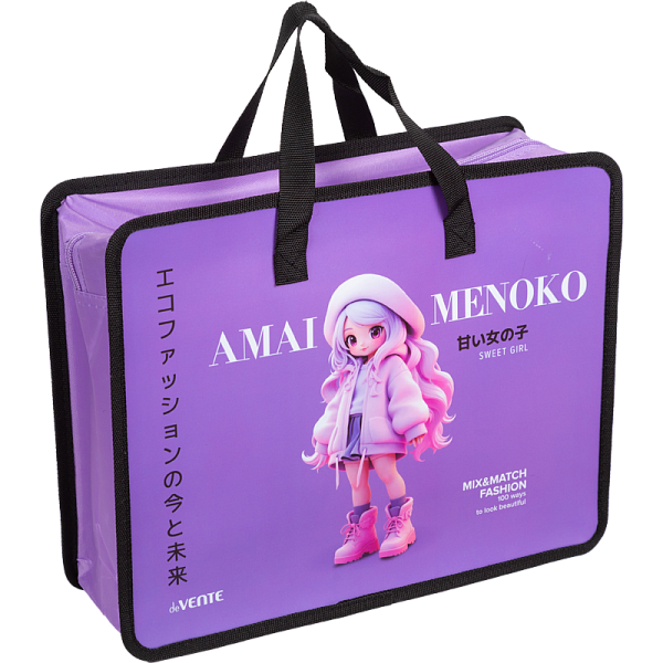 Папка для тетрадей, ИЗО и технологии "deVENTE. Amai Menoko" A4 (33,5x26x10 см) с текстильным расширением 10 см, на молнии сверху, пластик 400 мкм, текстильные ручки, в пластиковом пакете