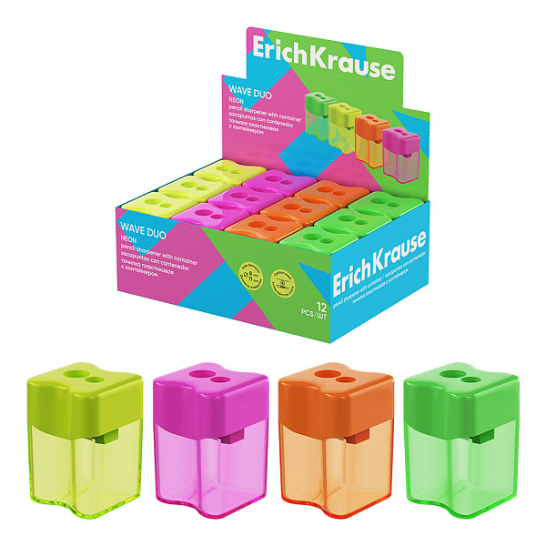 Точилка 2 отв. ErichKrause Wave Duo, Neon, пластиковая, с контейнером, ассорти (в коробке-дисплее по 12 шт)