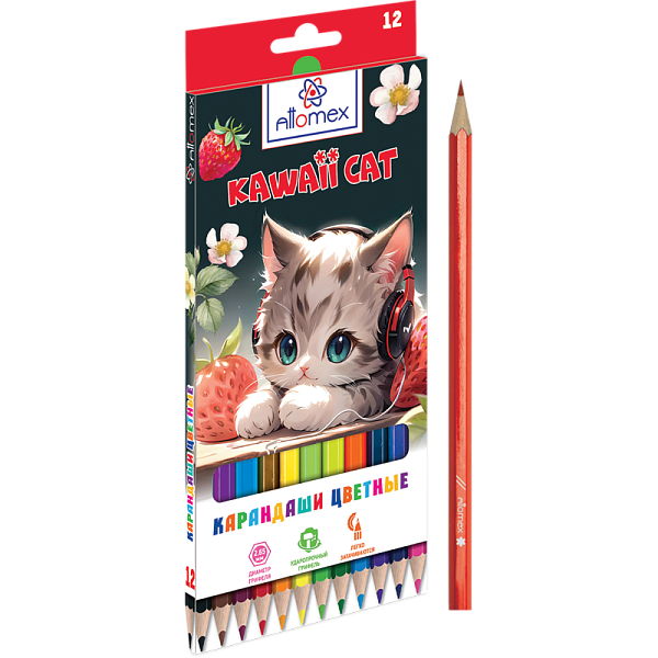 Карандаши 12 цв. "Attomex. Kawaii Cat" М, диаметр грифеля 2,65 мм, шестигранные, в картонной коробке