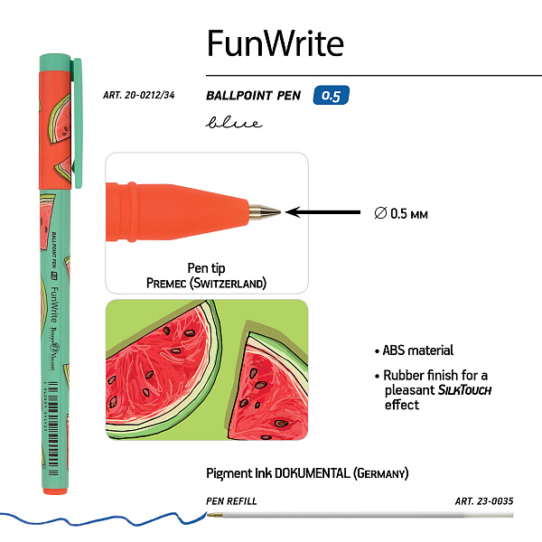 Ручка шариковая 0,5 мм "FunWrite. Fresh & fruity. Арбуз" СИНЯЯ