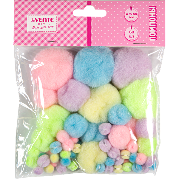 Набор помпонов для творчества "deVENTE. DIY" 60 шт, ассорти (10 мм - 28 шт, 15 мм - 15 шт, 25 мм - 7 шт, 38 мм - 5 шт, 50 мм - 5 шт) в пластиковом пакете с блистерным подвесом, пастельные цвета ассорти