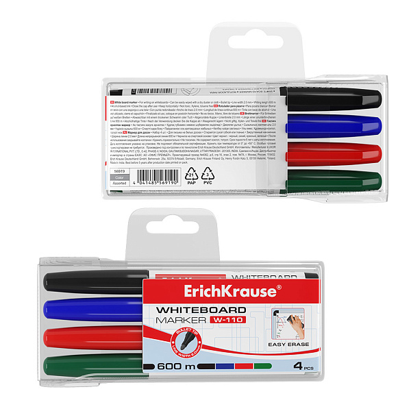 Маркер для досок ErichKrause® W-110, цвет чернил: черный, синий, красный, зеленый (в футляре по 4 шт.)