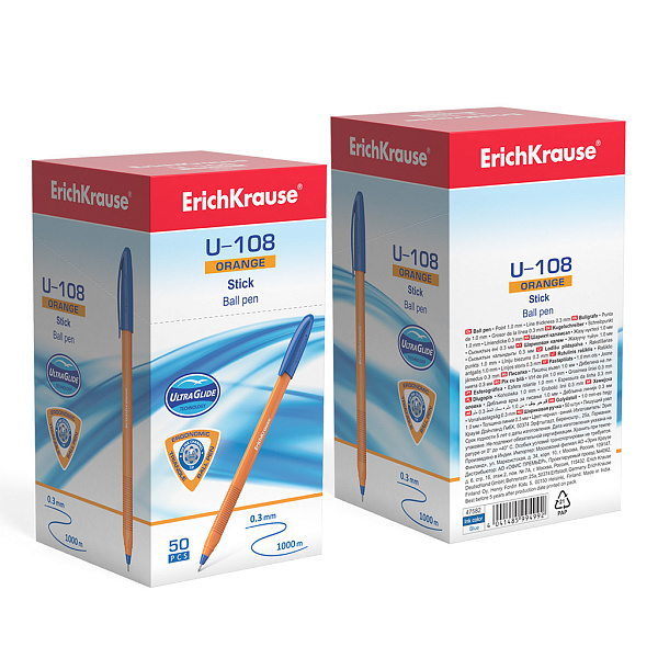 Ручка шариковая 1,0 мм ErichKrause® U-108 Orange Stick Ultra Glide Technology, цвет чернил синий (в коробке по 50 шт.)