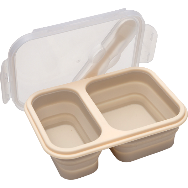 Ланчбокс складной герметичный "deVENTE" бежевый, прямоугольный с 2-мя отделениями, 1000 мл, 21,5x15x7,5 см, в сложенном виде высота 4 см, силиконовый, с пластиковой крышкой, с пластиковой вилкой-ложкой в комплекте,