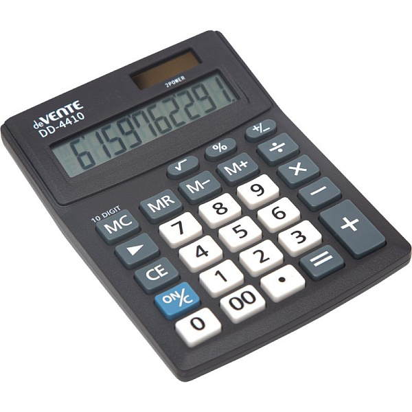 Калькулятор 10 разр., "deVENTE" DD-4410, 102x137x31 мм, 2-е питание, черный, автоматическое вычисление квадратного корня, процентов, коррекция последнего введенного значения, работа с памятью, кнопка "00" автоматическое отключение, прорезиненные ножк