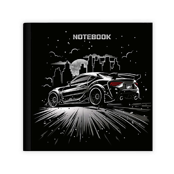 Блокнот 105*105 48 л. в точку "Notebook" "НОЧНОЙ ГОНЩИК" /Блок - белый офсет 65 г/м², тв. переплёт, тиснение фольгой, глянцевая ламинация/
