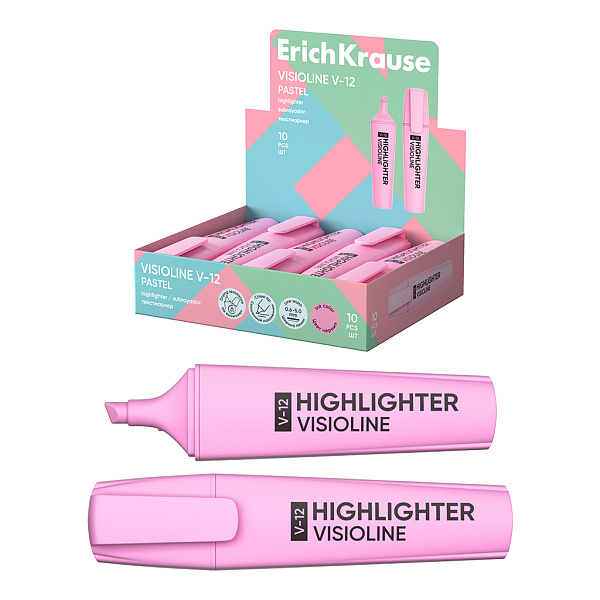 Маркер-текстовыделитель ErichKrause Visioline V-12 Pastel, цвет чернил розовый (в коробке-дисплее )