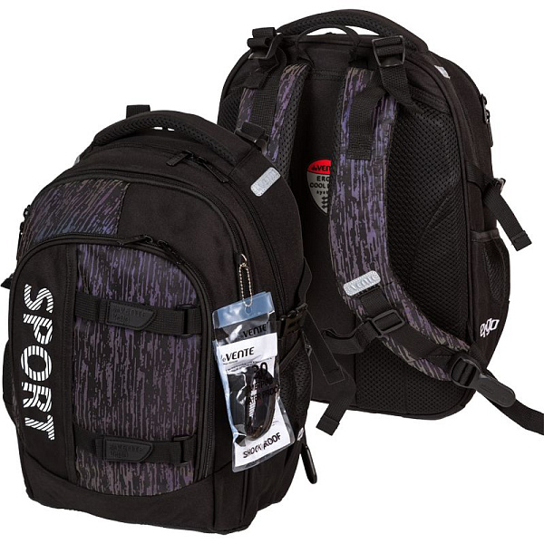 Рюкзак "deVENTE. Ergo. Sport" школьный 39x28x20 см (18 л) 600 г, 2 отделения на молнии, одно с уплотненным отделением для ноутбука до 15 дюймов и книг и карманом для учебников, второе с органайзером и карабином для ключей, передний карман на молнии с