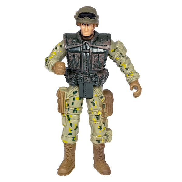 Набор "Армия" солдатик с оружием, " НАСТОЯЩИЙ БОЕЦ"  Bondibon, CRD 21,5x13x3 см, спецназовец, форма камуфляж песочного цвета.