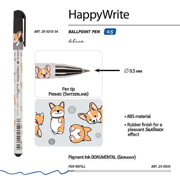 Ручка шариковая 0,5 мм "HappyWrite. Друзья. Корги" СИНЯЯ