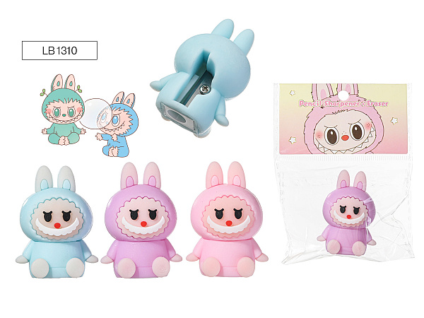 Точилка пластиковая ЗУБАСТИК, 1 отверстие для заточки, с ластиком, ассорти 3 цвета, ОПП- упаковка / картонный дисплей