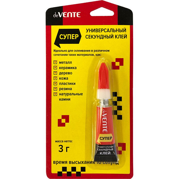 Клей универсальный секундный "deVENTE. Super glue" 3 г прочный, концентрированный, в блистерной упаковке с европодвесом