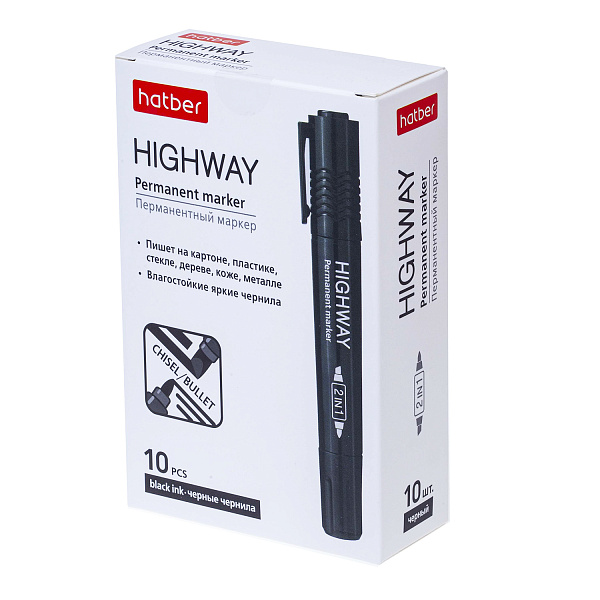 Маркер перм. 2мм/5мм Hatber Highway Двухсторонний Черный (закругленный 2 мм и клиновидный 5 мм)