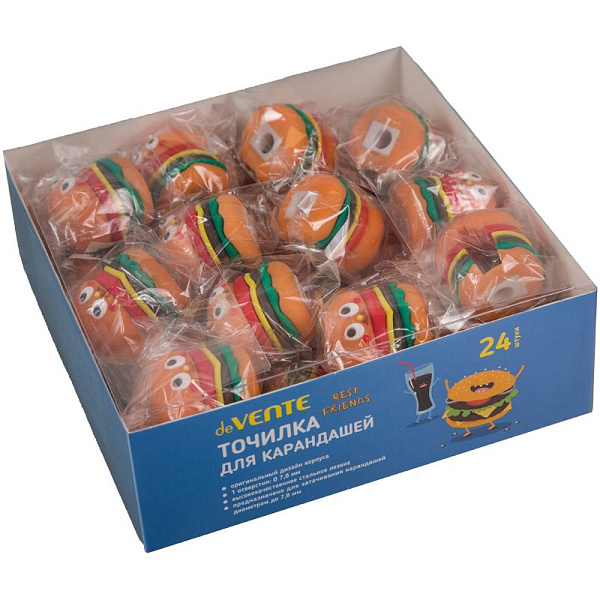 Точилка 1 отв. "deVENTE. Hamburger" 31x31x34 мм, пластиковая с покрытием Soft Touch, каждая в индивидуальном пакете с с индивидуальной маркировкой