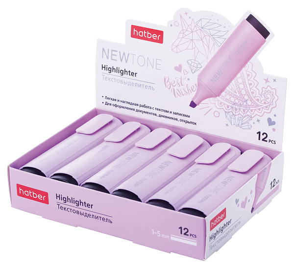 Маркер-текстовыделитель Hatber NEWtone PASTEL клиновидный пишущий узел Сиреневый 12шт. в картонной Дисплей-витрине