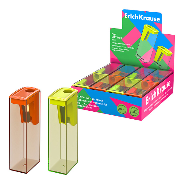 Точилка ErichKrause City, Neon, с контейнером, ассорти, пластиковая (в коробке-дисплее по 16 шт)