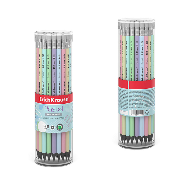 Карандаш ч/г HB ErichKrause JOY® Pastel, пластиковый  круглый, с ластиком, (в тубусе)