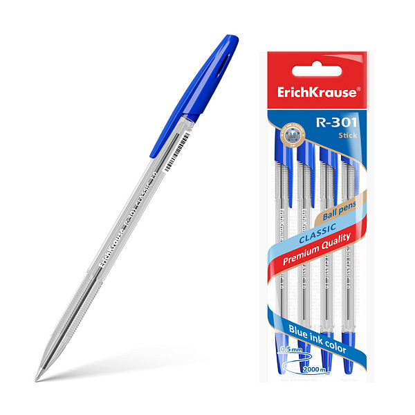 Набор ручек шарик. 4 шт. ErichKrause® R-301 Classic Stick 1.0 мм. син.