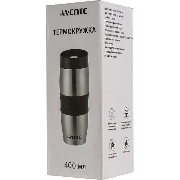 Термокружка "deVENTE. Coffee Mug" 370 мл, 6,9x19,8 см, 8-12 часов, нержав. сталь, с красным силикон. держателем, стальной, в подарочной картонной коробке