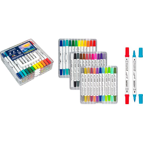 Набор маркеров акриловых "deVENTE. HOBBY CREATIVE. Classic&Pastel" 36 цв. двусторонние (кистевидный 1-5 мм/пулевидный 2-4 мм), круглый корпус, в пластиковой коробке