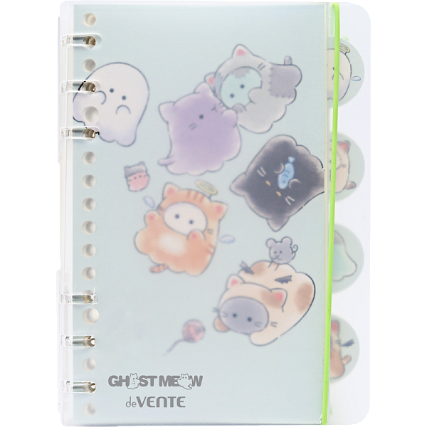 Блокнот "deVENTE. Ghost Meow" B6 40 л, лин. пластиковая обложка на 6-ти пластиковых кольцах, белая бумага 80 г/м² 4 картонных фигурных разделителя с цветной печатью, цветная печать, вертикальная резинка, в пластиковом пакете