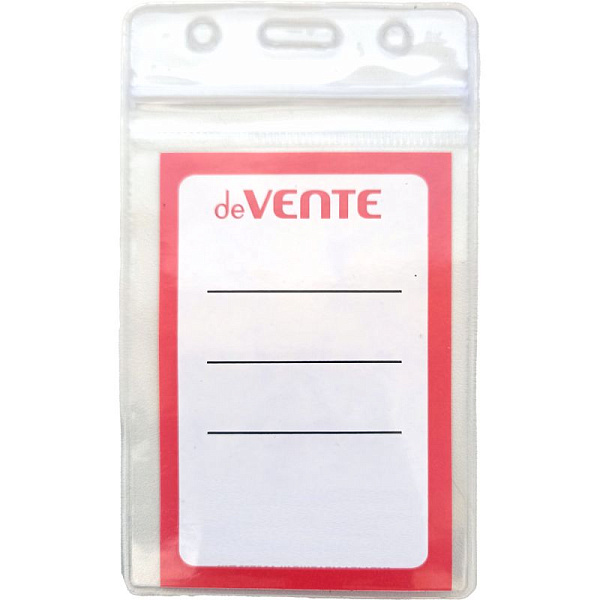 Бейдж "deVENTE" 70x120 мм, вертикальный, ПВХ 280 мкм, прозрачный, на молнии