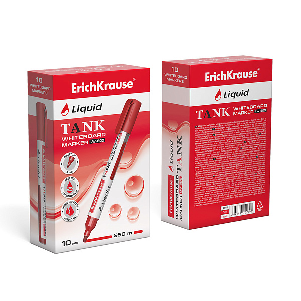 Маркер для досок с жидкими чернилами ErichKrause® Tank LW-600, цвет чернил красный (в коробке по 10 шт.)