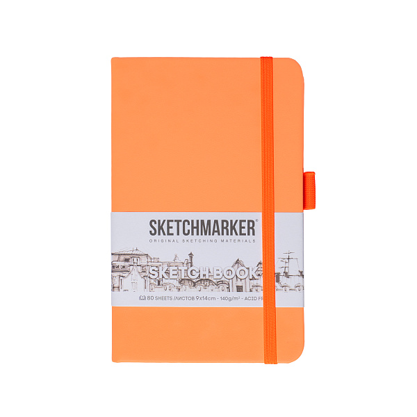 Скетчбук для зарисовок Sketchmarker, неоновый апельсин, тв. обложка с резинкой, 140 г/м, 9х14 см, 80 л. бумага слоновая кость