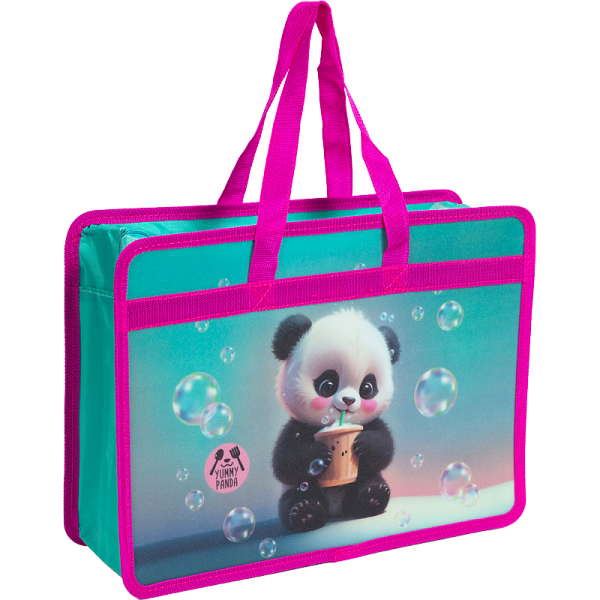 Папка для тетрадей, ИЗО и технологии "deVENTE. Yummy Panda" A4 (340x250x100 мм) с расширением 10 мм, на молнии сверху, 400 мкм, матовая полупрозрачная с рисунком, с искрящейся фактурой, текстильные ручки, индивидуальная упаковка