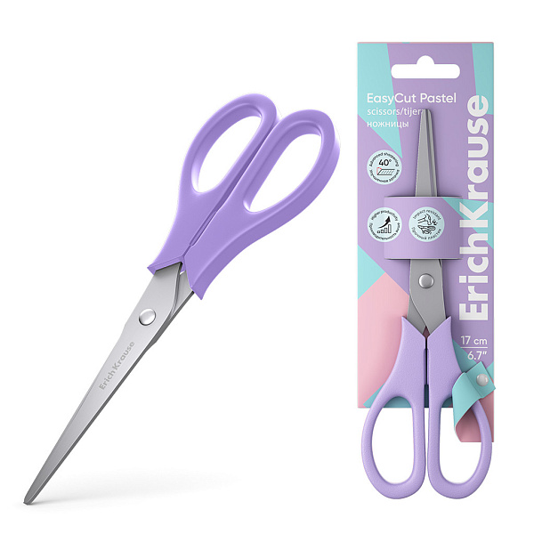 Ножницы 170 мм ErichKrause EasyCut Pastel, ассорти  (в блистере по 1 шт)