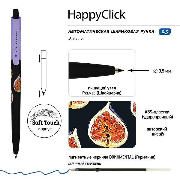 Набор ручек шарик. 2 шт. "HappyClick.Fresh & fruity. Инжир" 0.5 мм СИНЯЯ 
