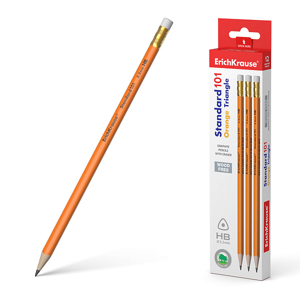 Карандаш ч/г HB с ластиком трехгранный ErichKrause® Standard triangle 101 Orange пластиковый (в коробке 12 шт.)