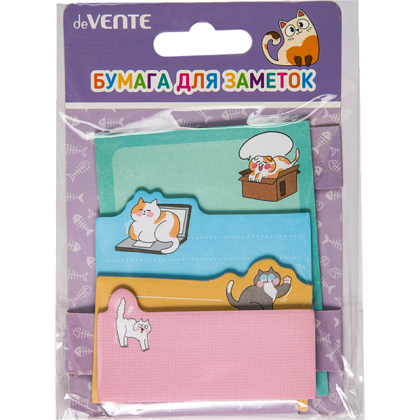 Бумага на л/п набор "deVENTE. Cats" 70x90 мм, 70x70 мм, 55x70 мм и 40x70 мм, 4x20 листов, офсет 80 г/м², печать 4+0, ассорти форм, 4 дизайна, в картонном блистере и пластиковом пакете с европодвесом