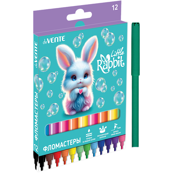 Фломастеры 12 цв. "deVENTE. Little Rabbit" с вентилируемым колпачком, в картонной коробке с подвесом