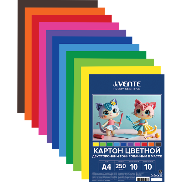 Картон цветной тонированный двусторонний A4 "deVENTE. HOBBY CREATIVE" 250 г/м², 10 цв, 10 л, пластиковый пакет с европодвесом