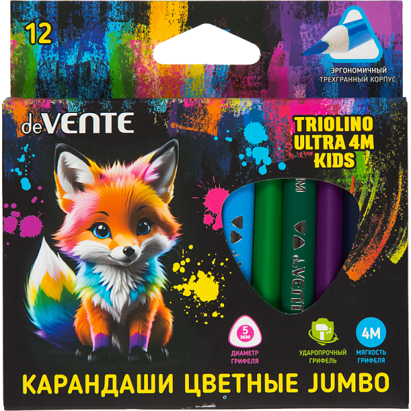 Карандаши 12 цв. "deVENTE.Triolino Ultra 4М.KIDS" 4М, утолщ. кор. 10 мм, d гр 5 мм, длина корп. 89мм