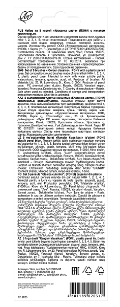 Набор из 5 кистей "Классика цвета", ПОНИ  (кругл.1, 2, 3, 4, 5) с пеналом Луч