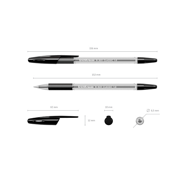 Ручка шариковая ErichKrause R-301 Stick&Grip Classic 1.0 мм ЧЕРНАЯ (в коробке по 50 шт.)